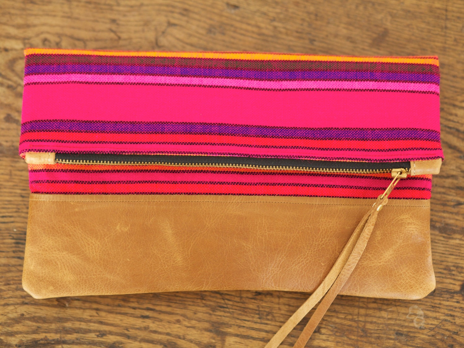 FROM MEXICO with LOVE - Sangria. Bright Fuchsia Striped Bag with Leather Bottom