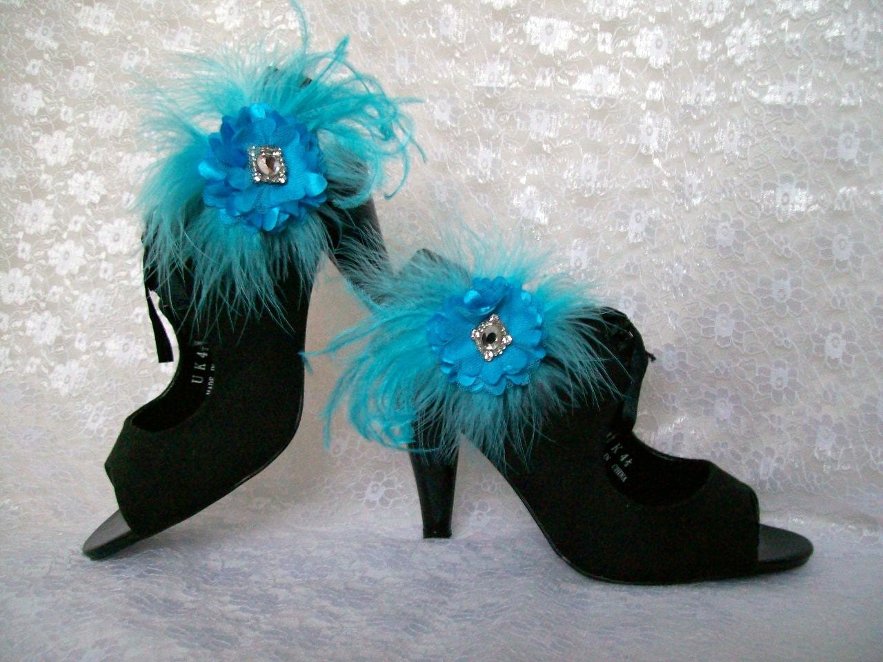 Shades of Turquoise Blue Flower Feather & Diamante Glamorous Shoe Clips Bridal Wedding Prom Races