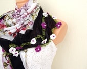 White and purple Floral Cotton Fabric Scarf Shawl Crochet Lace edge Women accessorie everyday