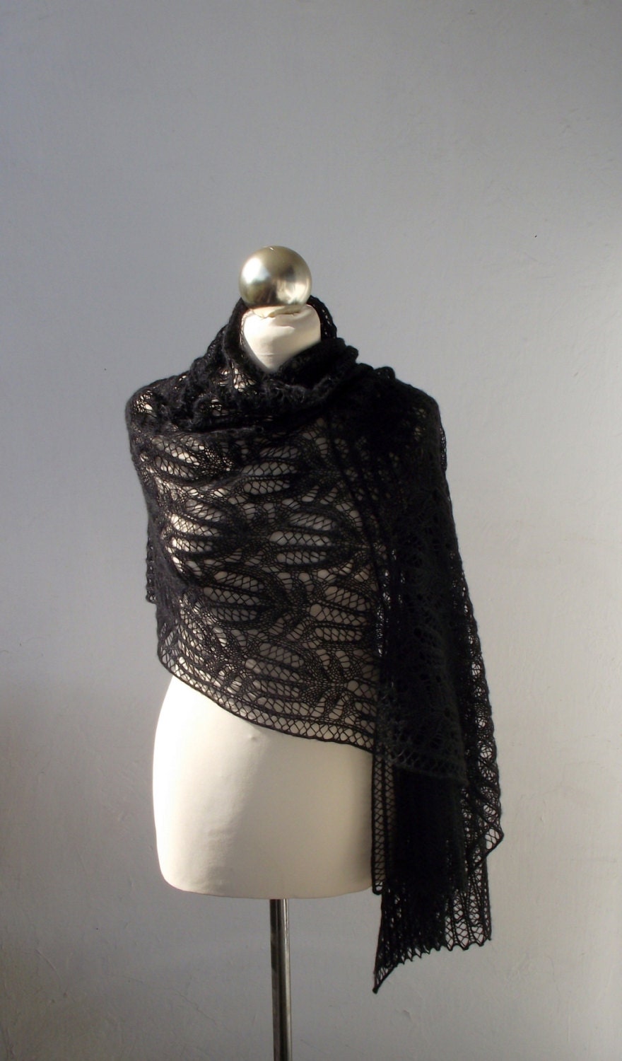 Black  hand knitted luxury stole with Frost Flowers lace pattern