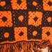 Vintage mod hand crochet   2 tone granny square fringe  afghan blanket  84  x  60