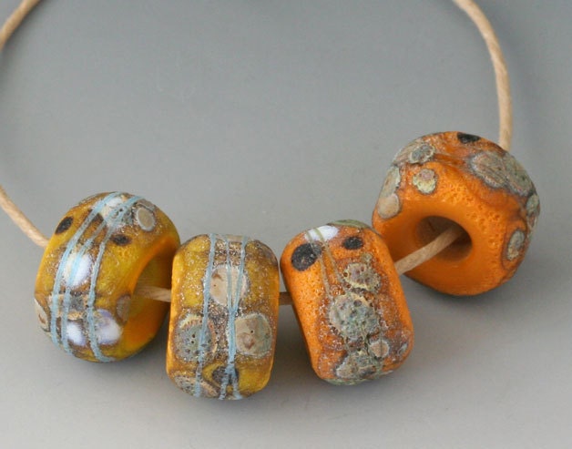 Rustic Sedona - (4) Handmade Lampwork Beads - Khaki, Butternut - Etched, Matte