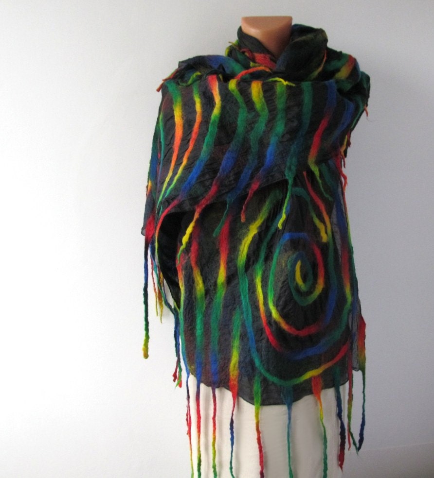 Nuno felted scarf   Rainbow spiral Black under 100