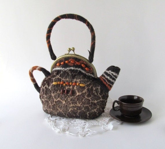 Felted teapot  purse Africa  brown dark tiger  handbag