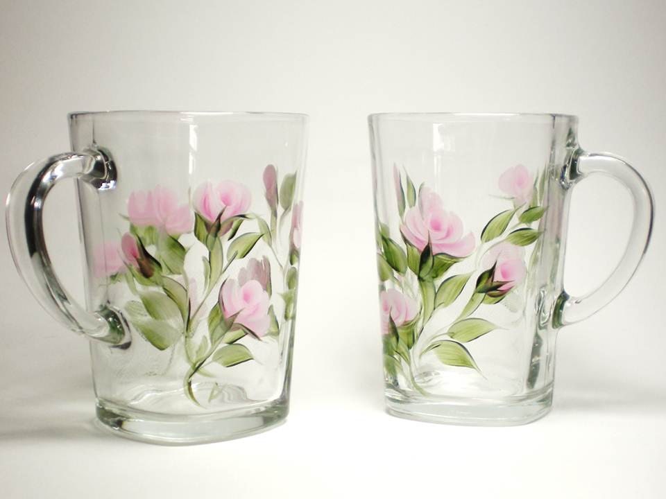 Hand Painted Glass Mugs - Classic Rose Pink Roses, Spring Green Leaves - Set of 2, 16 oz Hostess Easter Mothers Day Gift
