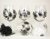 HandPainted Wine Glasses - Abstract Ebony Black and Silver Roses, Set of 4 18 oz - Summer Winter Wedding Party 25th Anniversary Steampunk