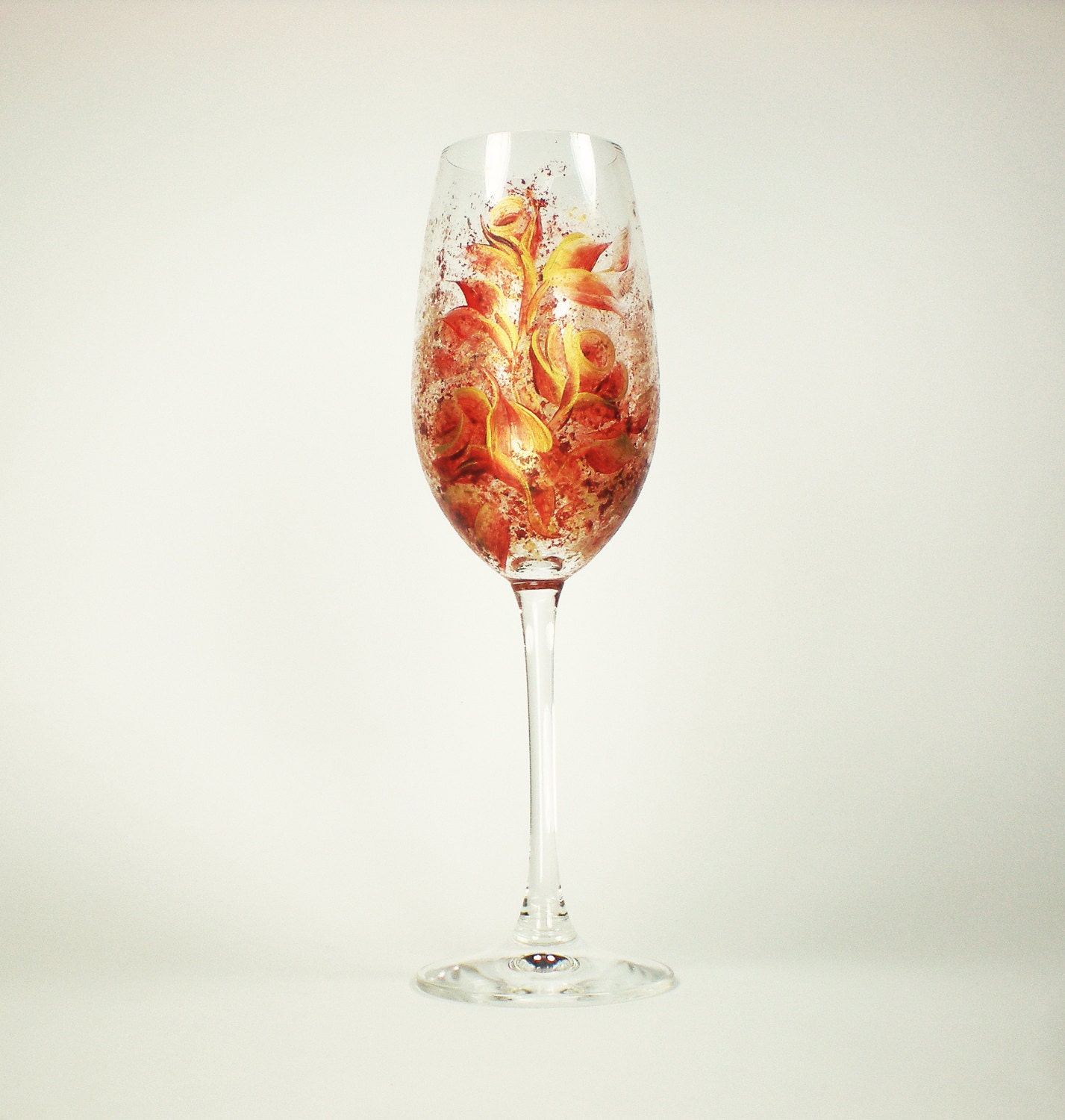 Hand Painted Glasses Champagne Flutes - Crimson Red and Metallic Gold Roses, Set of 4 CRYSTAL Wedding Toast Anniversary Toast Glassware