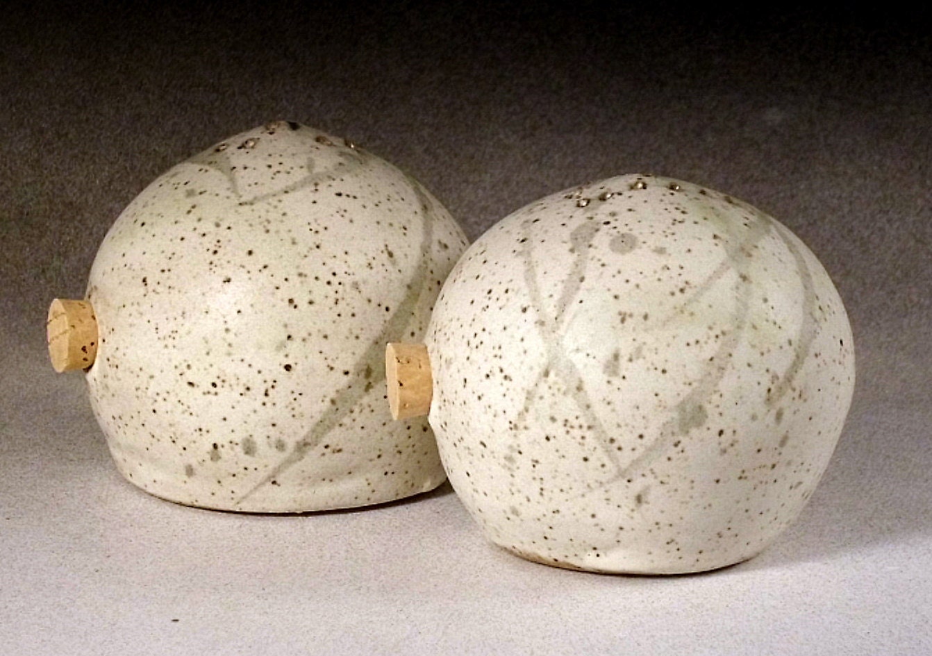 Salt and Pepper Shakers - White with Sage Green splatters - Set - Round - Handmade - Ceramic - Rustic - Earthy Elegance
