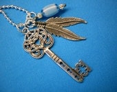Filigree Key Feather Silver Turquoise Blue Charm Necklace
