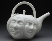 Lovers Teapot, Face Pot Sculpture, Bas Relief Figurine, Porcelain Art Pottery Couple Kissing the Hand, Functional Serving Vessel