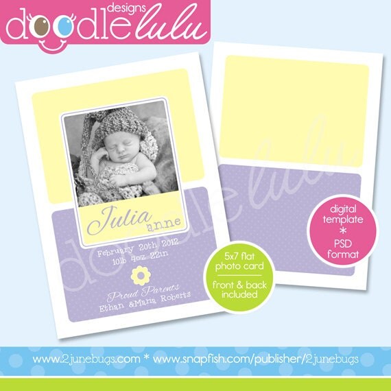 Digital Printable 5x7 Sweet Flower Yellow & Purple Baby Photo Card Birth Announcement Template - Design from DOODLELULU by 2 june bugs Il_570xn