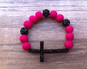 Pink & Black Rubber Beaded Rhinestone Cross Bracelet