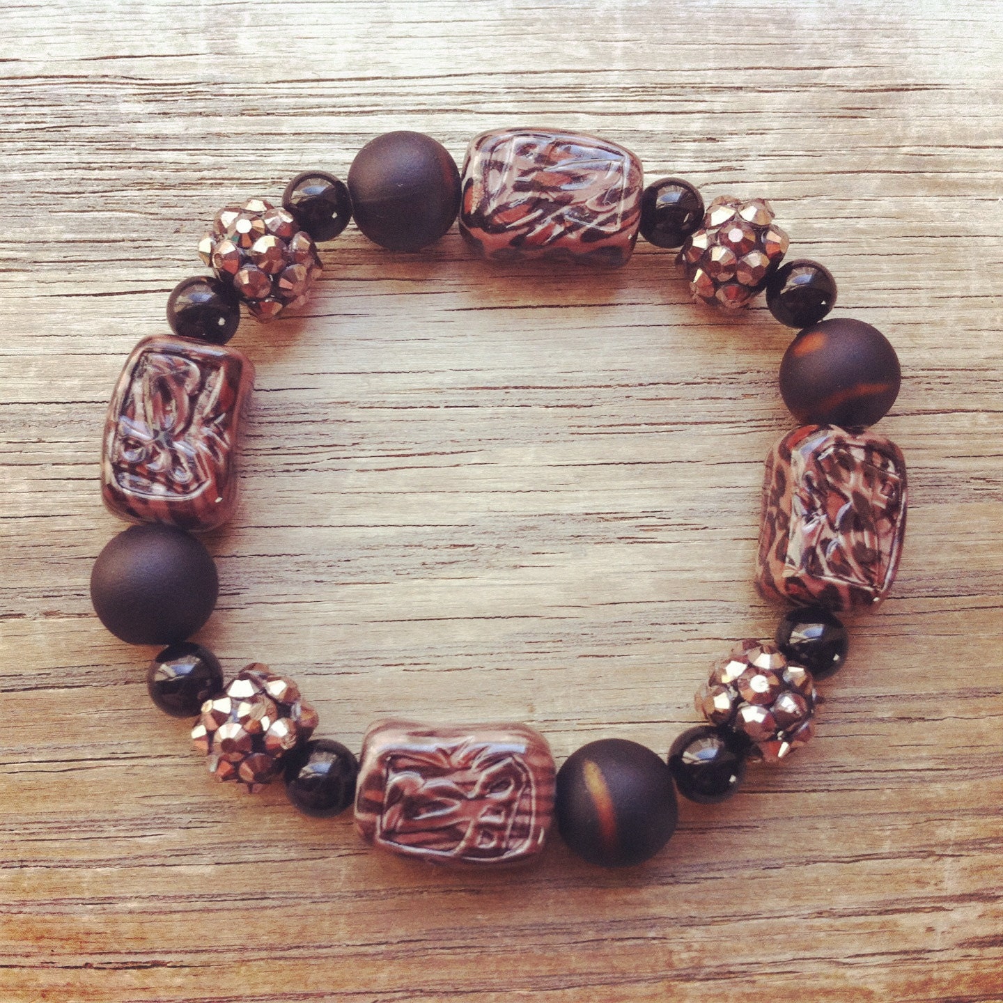 Safari Beaded Bracelet w/ Black, Animal Print & Resin Rhinestone Beads
