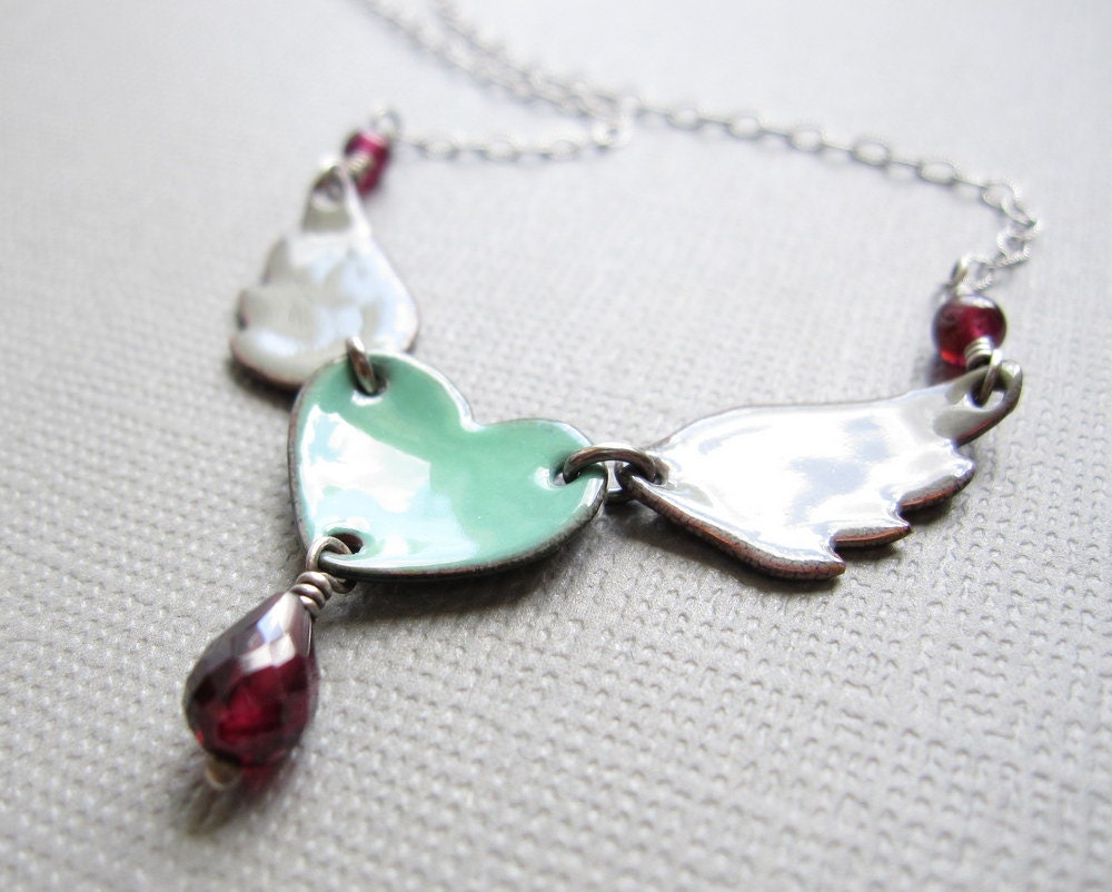 Mint Green Enamel Winged Heart Necklace Gray Wings Red Garnet