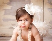Ivory Cream Feather Couture Satin Bloomers & Headband Set Newborn Infant Baby Girl Spring Easter First Birthday photo session prop