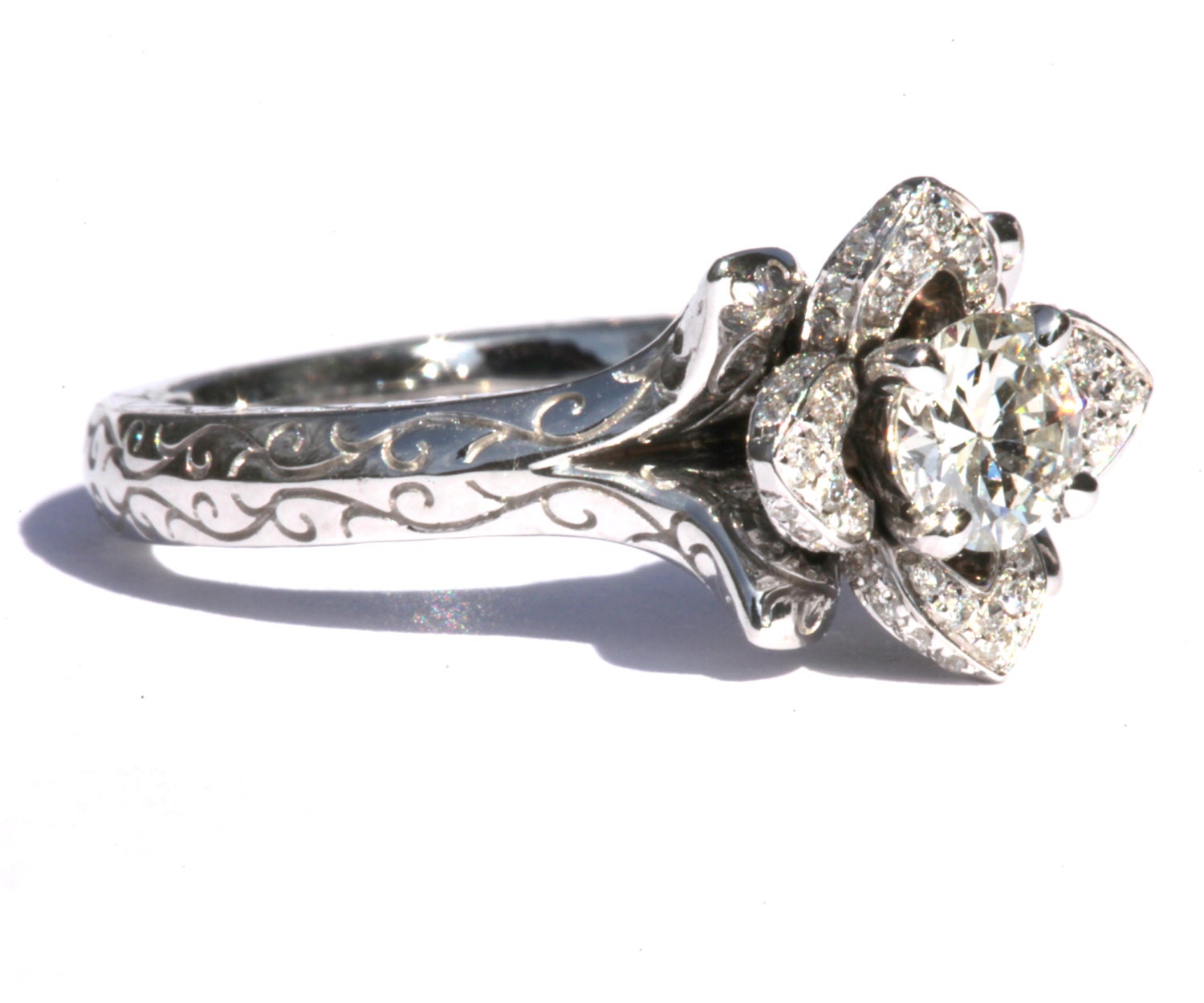 Engraved UNIQUE Flower Rose Lotus Blooming Diamond Engagement or Right Hand Ring - 1.50 carat - Fl09
