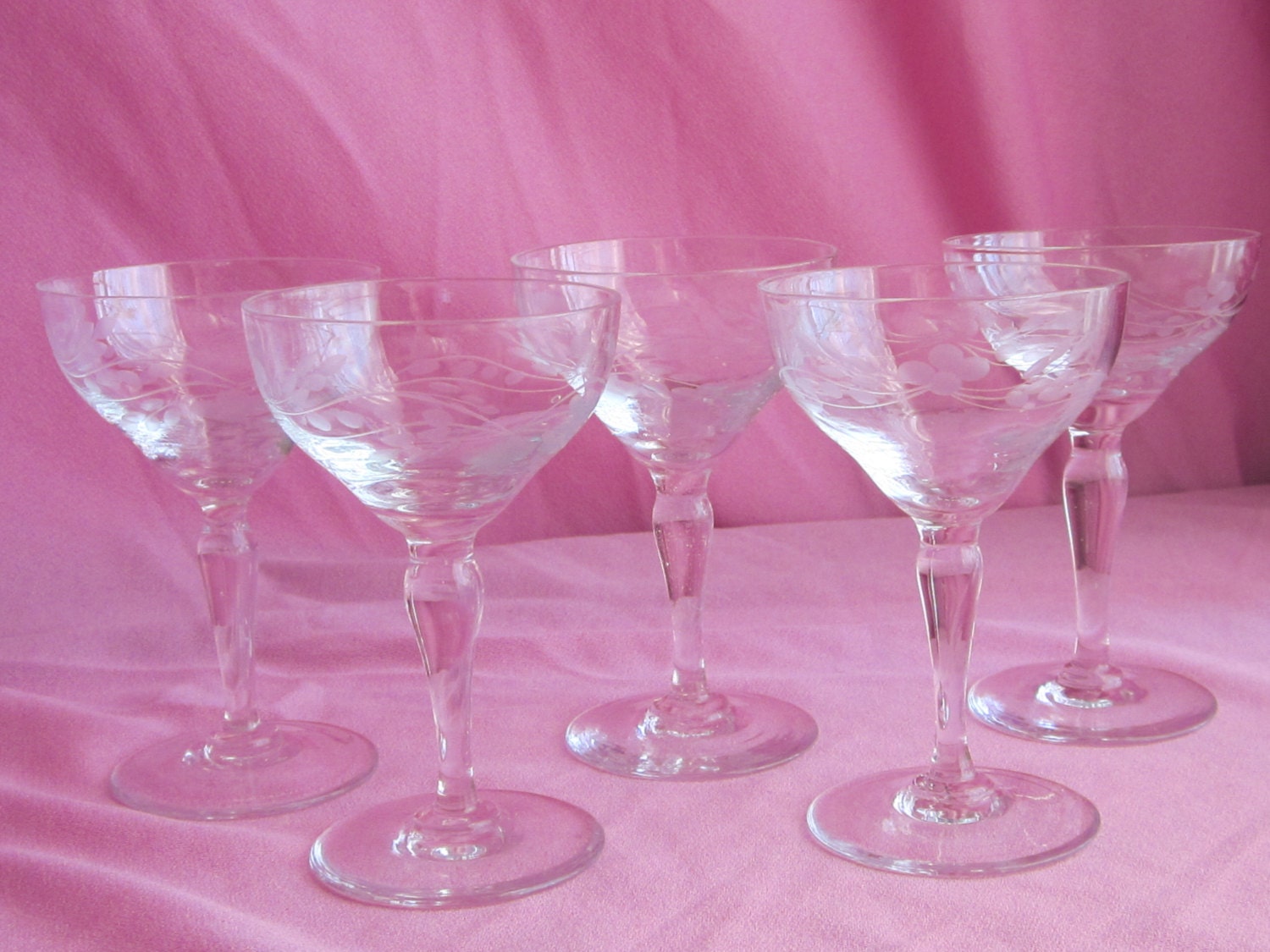 5 Beautiful Etched Glass Cordials Floral Design Vintage Crystal Stemware