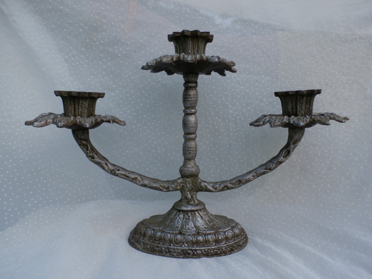 Vintage Cast Metal Candelabra Ornate 3 Candle Holder