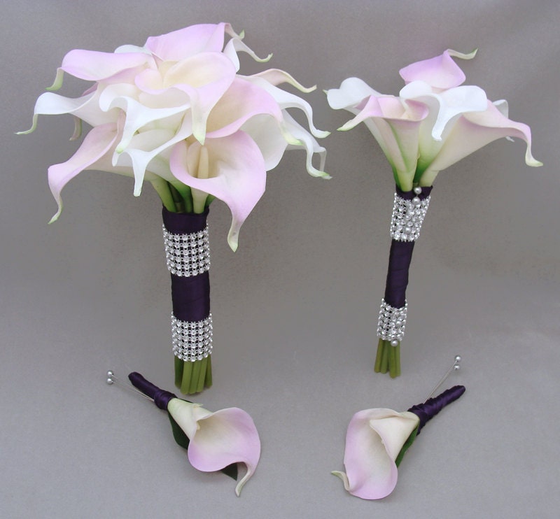Wedding Flower Package Real Touch Calla Lily Bridesmaids Bouquets Groomsmen Boutonnieres Lavender Purple White - Choose Your Wedding Colors