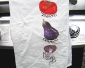 Flour sack tea towel, 100% cotton,  screen-printed vegetable portrait image of a tomato, eggplant, and mushroom