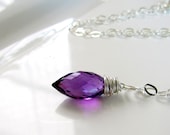 Violet Amethyst Quartz Necklace, Sterling Silver Wrapped Stone Pendant, Handmade Jewelry