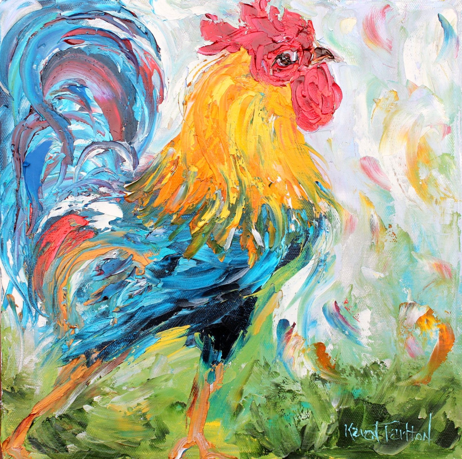 Original oil painting Rooster Bird PALETTE KNiFE impressionism impasto fine art on canvas by Karen Tarlton