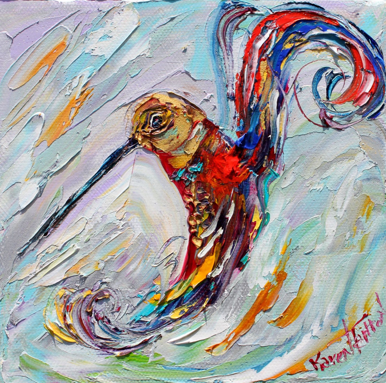 Bird Painting Original impasto abstract Hummingbird OIL palette knife impsto impressionism fine art impasto by Karen Tarlton