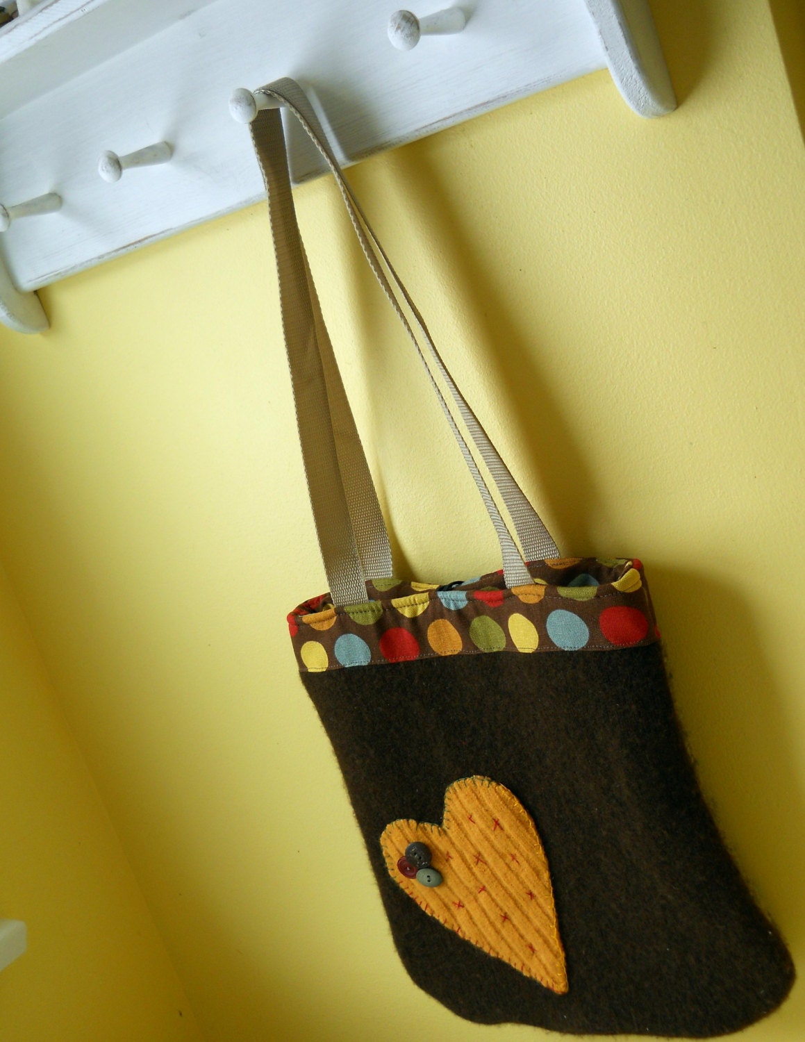 Happy Wool and Polka Dot Tote Bag Purse: made from recycled sweaters and fabrics.