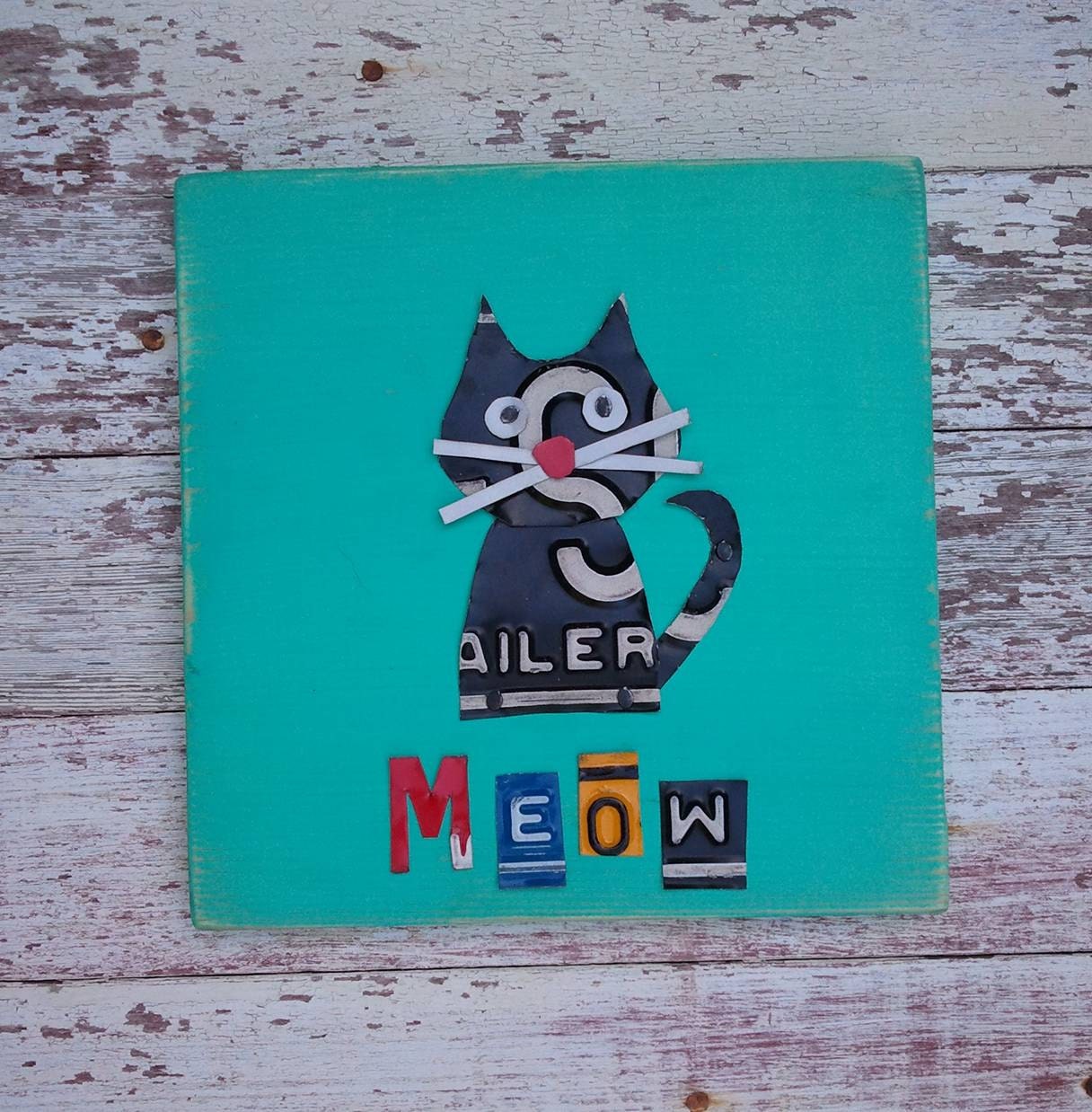 Funky Black Kitty Cat Meow on Turquoise Blue Nursery Girl Boy Toddler Animal Custom License Plate Art Recycled States
