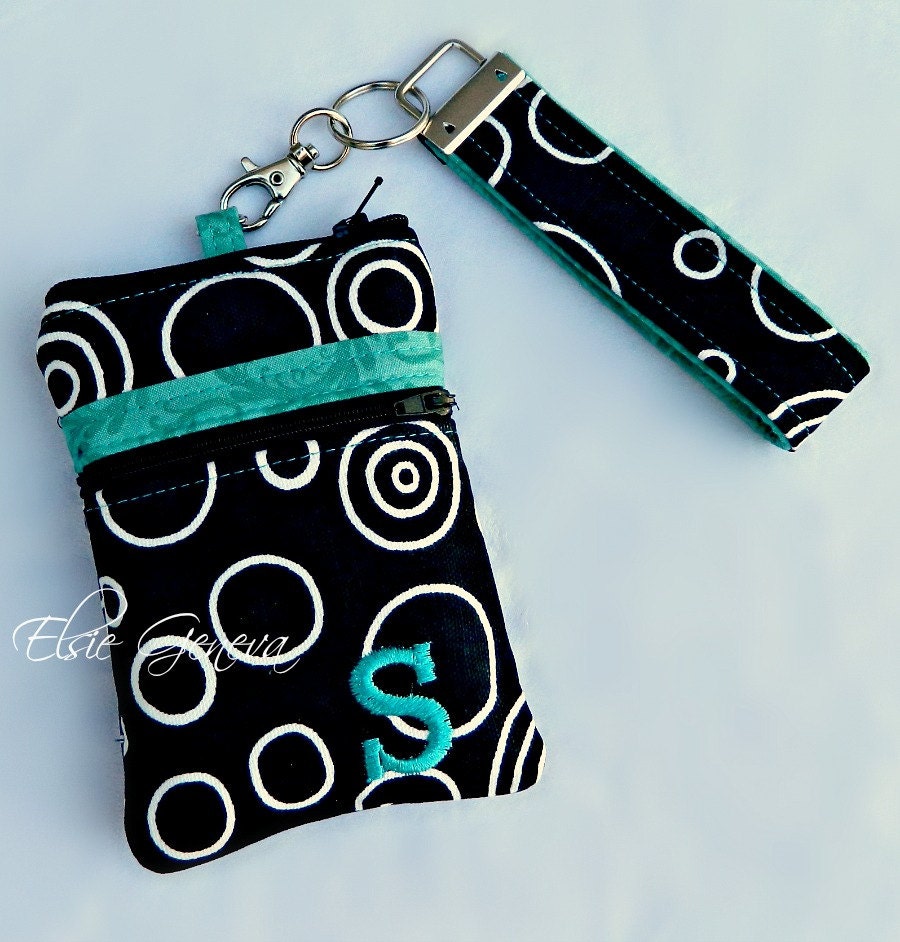 Personalized Black with White Circles and Jade - Turquoise - Aqua Marine Swirls  Phone Case  and Wristlet Zipper Closure
