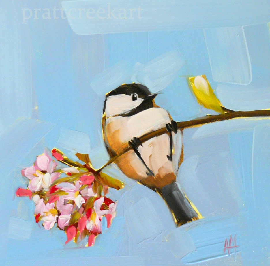 chickadee and apple blossoms original bird and flower oil painting by moulton 6 x 6 inches prattcreekart