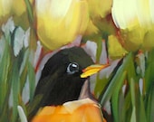 Robin in the Tulips original bird and flower oil painting by moulton 5 x 7 inches on panel  prattcreekart