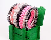 Hot Pink Bead Cuff, Pink Black Bangle, Memory Wire Cuff