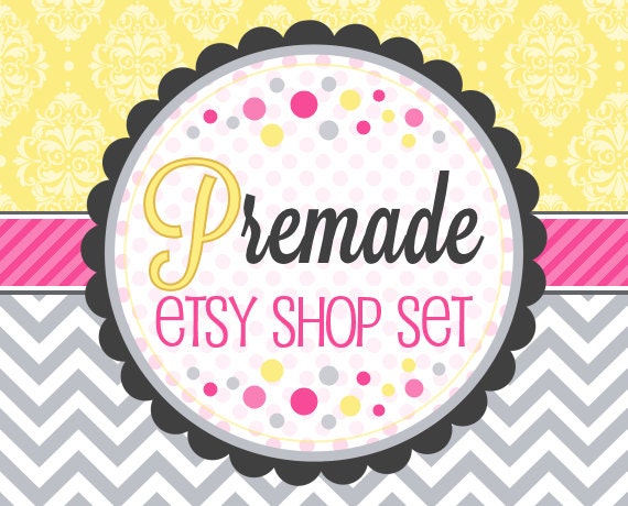 Yellow Damask with Pink and Gray Chevron - Premade Etsy Set
