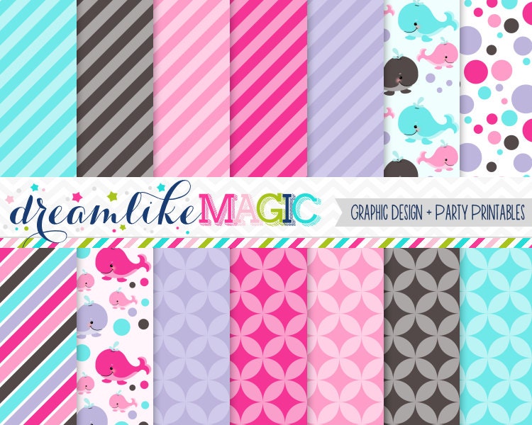 Sweet Whales Girly Hues- Digital Paper Pack for Personal or Commercial Use Il_570xn