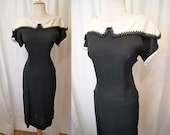 Chic 1950's XL black and white crisp linen wiggle dress Audrey classic rockabilly  vlv - size Large to X large