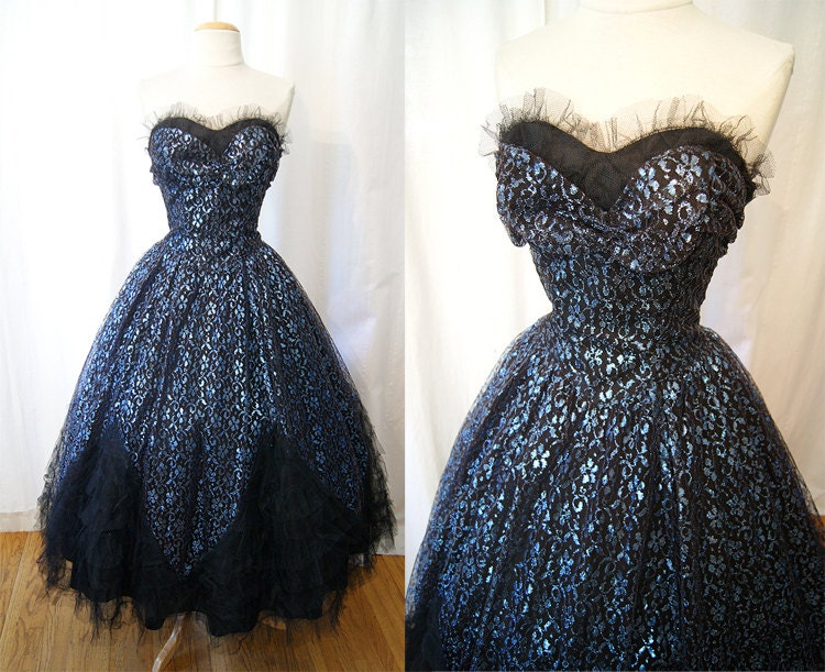 Stunning 1950's metallic blue and black lace new look party prom dress evening gown pin up bombshell strapless - size Small