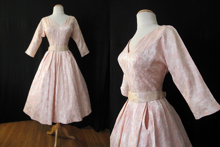 Lovely 1950's Pink Silk Brocade new look Party Dress Rockabilly Day Dress VLV Size-Small - Medium