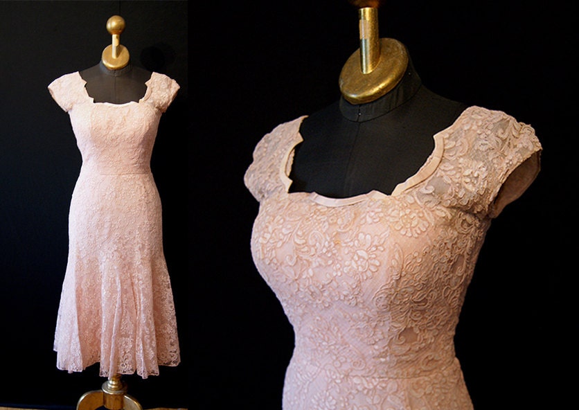 On reserve 1950's Couture Blush Pink Lace Fish Tail Cocktail Wedding Party Dress VLV romantic  - Medium