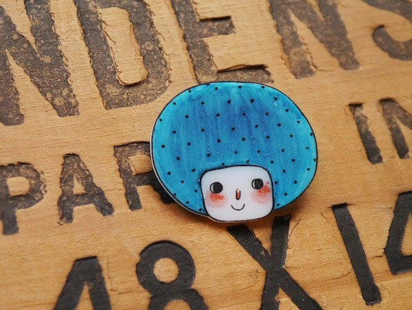 Blue Bob Girl - Shrink Plastic Brooch
