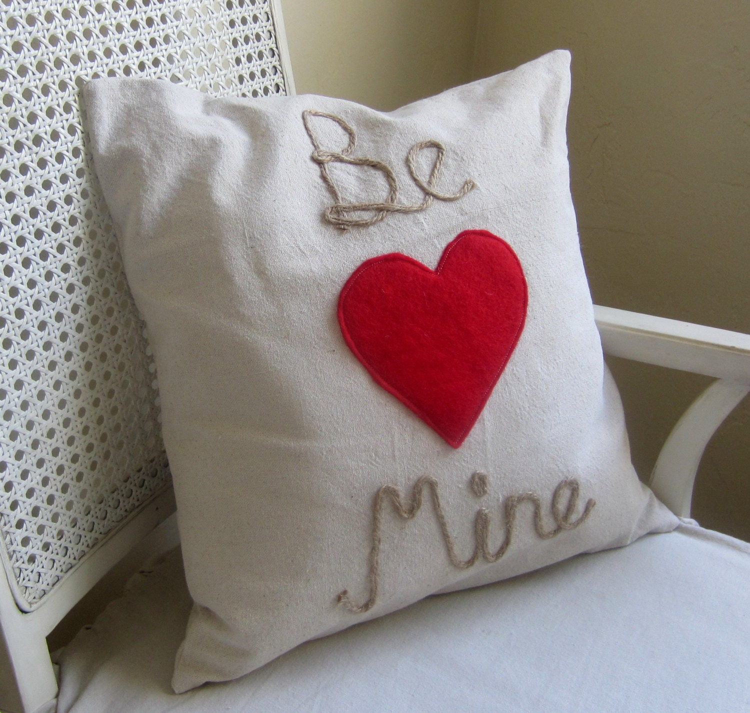 Be Mine cotton canvas pillow cover with red felt heart, Valentines Day decor