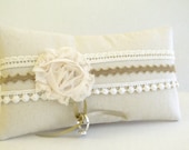 SALE, Ring Bearer pillow in cream with fabric flowers for a shabby and chic rustic, natural wedding decor
