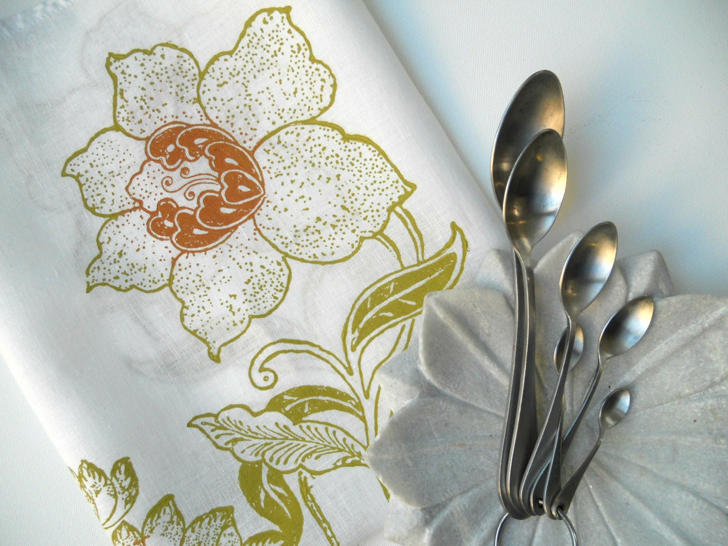 Linen Hand block printed tea towel Gorgeous Petal
