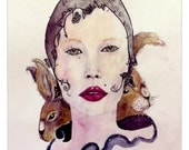 OOAK original watercolor painting, illustration, "Rabbit Lady", nature, fashion, lipstick, makeup, fancy, lace, red, green, animals