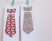 Baby Burp Cloths with Necktie in Red Foxes and Mushrooms, Set of 2 Baby Boy Burp Cloths in Organic Red, Aqua, Gray Foxes and Mushrooms