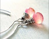 light honeysuckle pink quartz faceted onion briolettes on sterling silver hoops - rose bud earrings