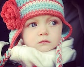 6-12 month girl hat robins egg blue earflap beanie with cherry blossom stripe and flower