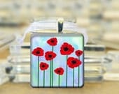 SALE Red Poppies on Blue Pendant Necklace - 1 inch square glass tile