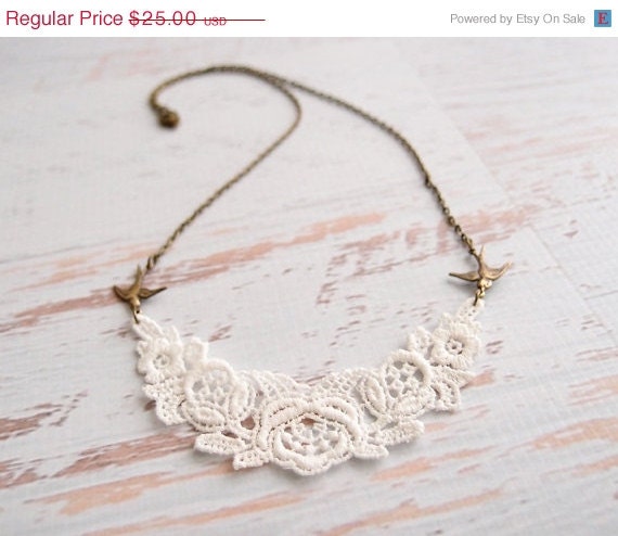 Memorial Day Weekend Sale Lace Necklace - Laurelin - Ivory Lace Antique Brass Bird Jewelry - Bridesmaid Necklace
