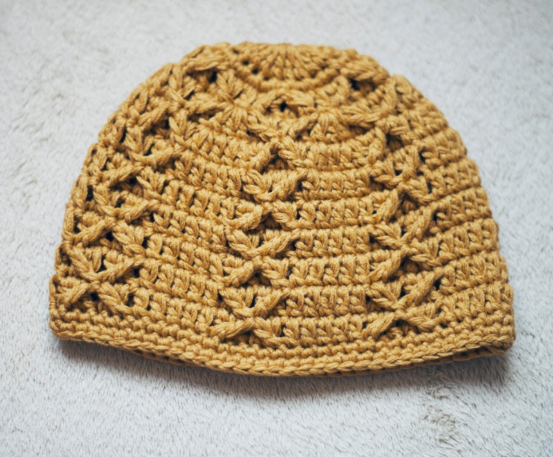 Sample SALE - crocheted Mustard Rhomb patterned Hat - baby size (up to 16in)
